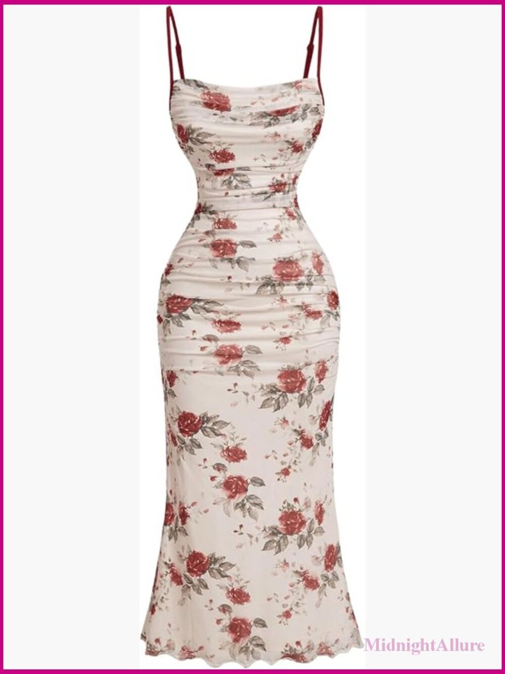 Floral Mesh Ruched Midi Bodycon Dress Spaghetti Strap Sleeveless Party